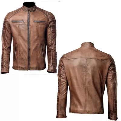Buy Men's Vintage Leather Jacket Distressed Brown Slim Fit, Pure Biker Style • 75£