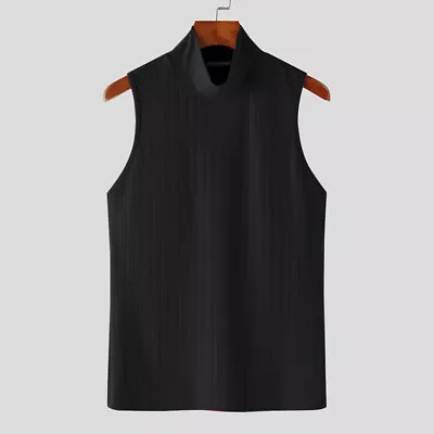 Buy Summer Mens Mock Neck Sleeveless Ribbed Tops Vest Casual Slim Fitted Tee Shirts • 14.24£
