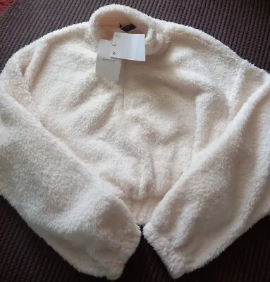 Buy Bershka Cropped Zip-up Teddy Bear Jacket/ Fleece Cream Size Small • 10£