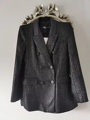 Buy Zara Black/Silver Thread Tweed Double Breasted Blazer Faux Leather Collar M New • 39.99£