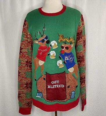 Buy Christmas Sweater Jolly Get Blitzed Reindeer Drinking Beer Green Large • 19.21£
