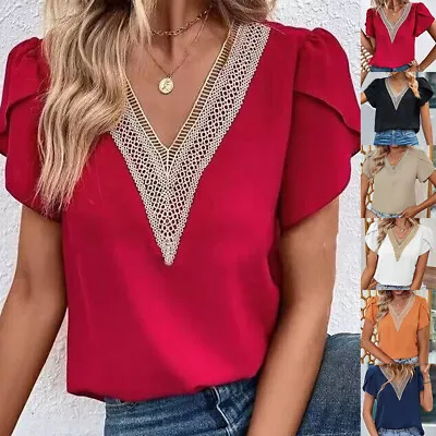 Buy Women Lace V-Neck Summer T-Shirt Short Sleeve Solid Tunic Tops Tees Holiday Work • 16.39£