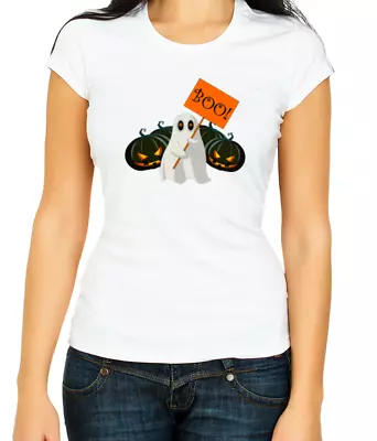 Buy Boo Pumpkin Ghost Happy Halloween W/B  Women's 3/4 Short Sleeve T-Shirt H608 • 10.98£