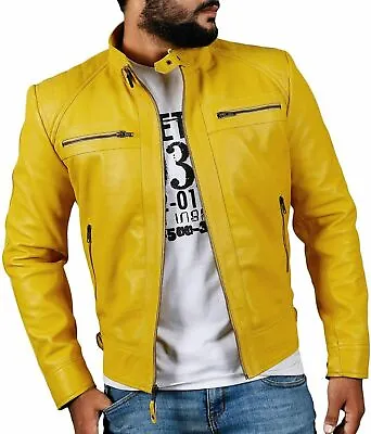 Buy Men's Yellow Leather Jacket Genuine Lambskin Slim FIt Motorcycle Jacket • 133.80£