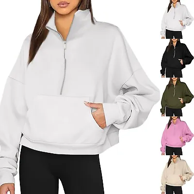 Buy Women Half Zip Pullover Hoodie Sweatshirts Stand Collar Fleece Tops With Pockets • 18.54£