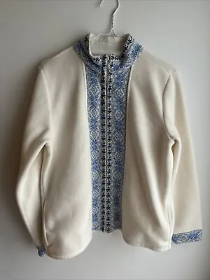 Buy LL Bean Fleece Sweatshirt Nordic Snowflake Women's M White Full Zip Fair Isle • 18.90£