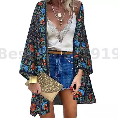 Buy UK STOCK Women Floral Printed Tops Cardigan Holiday Beach Long Coat Jacket 8-24 • 7.74£