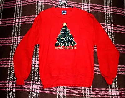 Buy Ugly Merry Christmas Jumper Embroidered Tree Small Festive Red Sweatshirt VTG • 25£