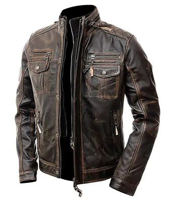 Buy CLEARANCE: Cafe Racer Distressed Biker Leather Jacket Brown • 59.99£