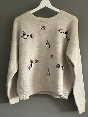 Buy Primark Ladies Cream Beige Penguin Embroidery Christmas Jumper Size XL • 11.99£