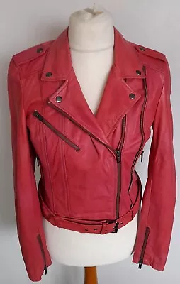 Buy ELLOS - Distressed REAL LEATHER Belted Jacket PINKY RED Soft Size 12 - NEW • 74.99£