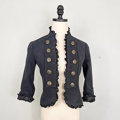 Buy Vintage Y2K Military Jacket Officer Cropped Ruffle Goth Witchy Black Gold S • 39.36£