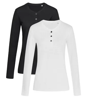Buy Ladies Womans BLACK WHITE Long Sleeve Grandad Henley Buttoned T-Shirt Tshirt • 16.50£
