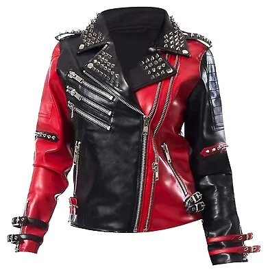 Buy Women Harley Quinn Heartless Asylum Biker/Moto Black & Red Leather Jacket -0077 • 73.73£