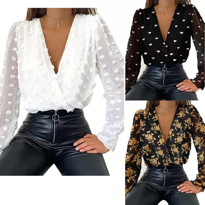 Buy Womens Sexy Wrap Deep V Neck Long Sleeve T Shirt Ladies OL Casual Blouse Tops UK • 15.99£