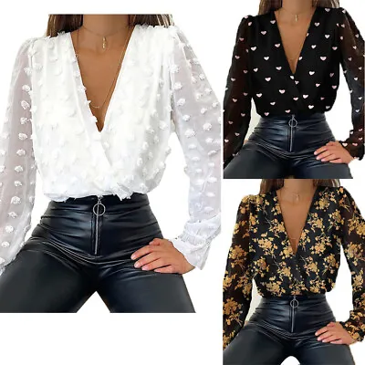 Buy Wrap Deep V Neck Long Sleeve T Shirt Ladies OL Casual Blouse Tops UK Womens Sexy • 15.99£