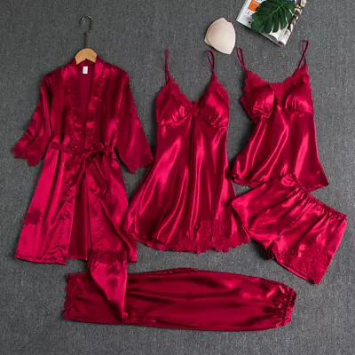 Buy 5pcs Women Silk Robe Sleep Suit Lace Satin Pajamas Gown Set V-Neck Nightwear UK • 16.98£