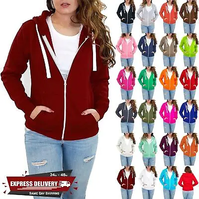 Buy Women's Girls Plain Hooded Ladies Hoodie Sweatshirt Jacket Zip Top Plus Size • 8.99£