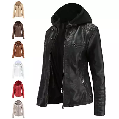 Buy UK Womens Faux Leather Jacket Coat Ladies Remove Hooded Outwear Parka Large Size • 57.35£