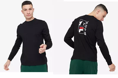 Buy Fila Men Crew Neck Long Sleeves White Rock Graphic Print Black T Shirt Top Tee • 12.99£
