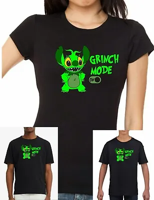 Buy Stitch GRINCH MODE ON!! Unisex, Womens Fitted+ Kids Black Christmas T-Shirt • 22.99£