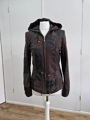 Buy BUGATTI  Leather Jacket UK 10 Brown Leather Suede Hooded Check Chocolate • 29£