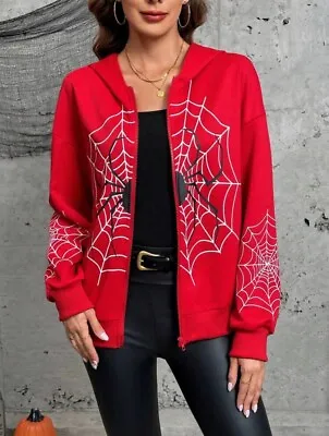 Buy Women Hoodies Spider Web Print Sweatshirt Ladies Loose Fit Long Sleeve Fall • 32£