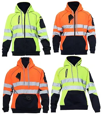 Buy Mens  Hi Viz High Visibility Jacket Hoodie Work 3 Zip Hooded Sweatshirt Fleece • 19.99£