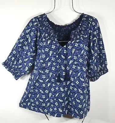 Buy Lucky Brand Women's Blue Rushed Tie Neckline Peasant Top Blouse S MWT • 14.99£