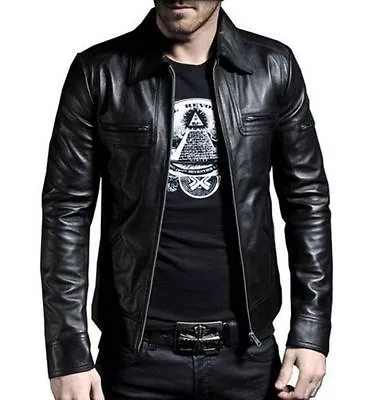 Buy Men Leather Jacket Black Slim Fit Biker Real Leather Jacket • 79£