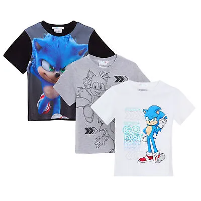 Buy Boys 3 Pack Sonic The Hedgehog T-Shirts Kids Sega Tails Dress Up Tops Gamer Tees • 16.95£