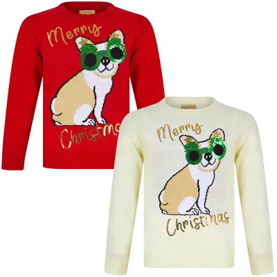 Buy Kids Girls Christmas Jumper Glasses Dog Novelty Sequinned Xmas Sweater Pullover • 11.99£