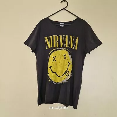 Buy Amplified Nirvana (UK L) Charcoal  Worn Out Smiley  Unisex Cotton T-Shirt • 27.50£