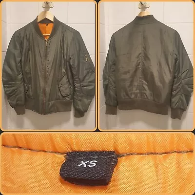 Buy Padded Bomber Jacket Olive Green Quilted Orange Inside Size XS Unisex  • 14.50£