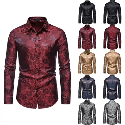 Buy Mens Retro Rose Floral Print Shirt Gothic Punk Silk Satin Fancy Dress Party Tops • 4.59£