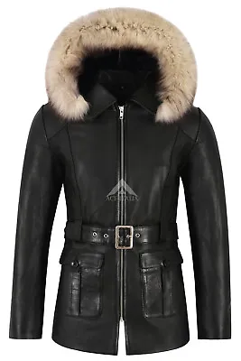 Buy Ladies Leather Parka Jacket Black Fur Hooded Classic Fashion 100% Lambskin 5788  • 93.41£