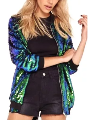 Buy Ladies Sequin Glitter Bomber Jacket Club Dance Party Multicoloured Costume Biker • 25.95£