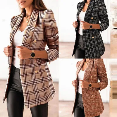 Buy Women's Check Printed Blazer Coat Ladies Double Breasted Formal Long Suit Jacket • 13.99£