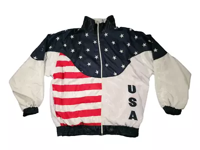 Buy USA Flag Shell Jacket Red White Blue Medium Vintage 90s Full Zip Lined Festival • 26.99£