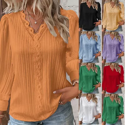 Buy Womens V Neck T-Shirt Blouse Summer Ladies Long Sleeve Tops Pullover Plus Size • 9.55£