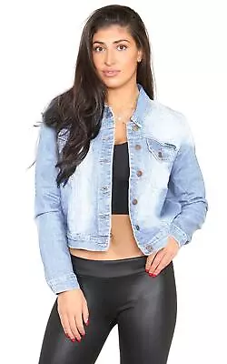 Buy Ladies Casual Jacket Womens Trucker Denim Stretch Long Sleeve Blue Classic Coat • 12.29£