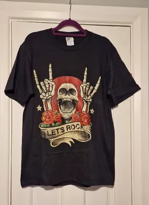 Buy T Shirt Unisex Size UK Medium Black 'Lets Rock' Slogan Heavy Metal Music Top • 6.99£