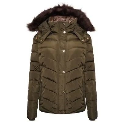 Buy Womens Ladies Quilted Winter Coat Puffer Fur Collar Hooded Jacket Parka Size New • 22.95£