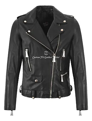 Buy Women's Brando Lambskin Leather Jacket Black Motorbike Fitted Biker Style Jacket • 59.99£