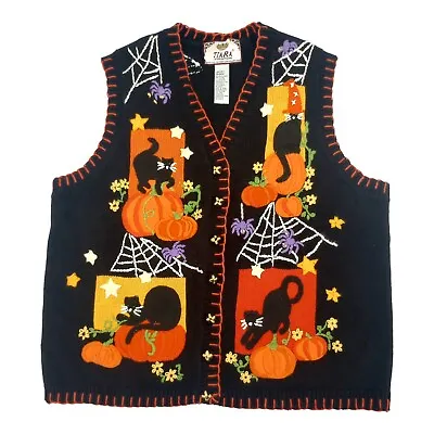 Buy Tiara International Large Halloween Pumpkin Cats Knit Sweater Vest Spider Webs • 33.11£