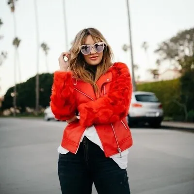 Buy Guess Red Biker Jacket S Faux Fur Sleeves Faux Leather VGC • 34.99£