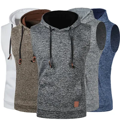 Buy Men Sports Hooded Hoodie Vest Tank Top Pockets Sleeveless Fitness Casual T-Shirt • 9.99£