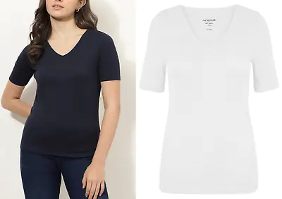 Buy Ex M&S Womens 100% Cotton V-Neck Half Sleeve Fitted T-Shirt White Navy Size 6-20 • 8.99£