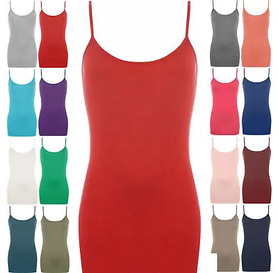 Buy Ladies Long Vest Top Cami Strappy Stretch Plain Vest T-Shirt Camisole Top • 4.99£