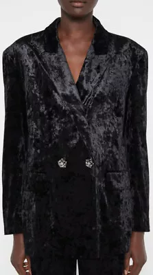 Buy Stunning ZARA Black Crushed Velvet Jewel Embellished  Jacket Blazer L • 39.99£